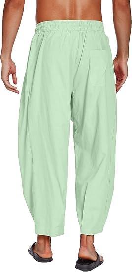 imageCOOFANDY Mens Cotton Linen Harem Pants Drawstring Casual Cropped Trousers Lightweight Loose Beach Yoga Pants with PocketsGreen