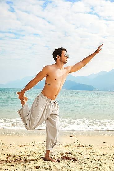 imageCOOFANDY Mens Cotton Linen Harem Pants Drawstring Casual Cropped Trousers Lightweight Loose Beach Yoga Pants with PocketsKhaki