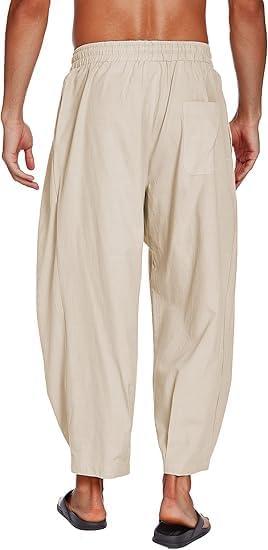 imageCOOFANDY Mens Cotton Linen Harem Pants Drawstring Casual Cropped Trousers Lightweight Loose Beach Yoga Pants with PocketsKhaki