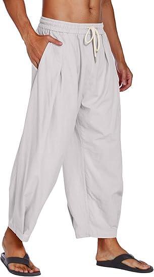 imageCOOFANDY Mens Cotton Linen Harem Pants Drawstring Casual Cropped Trousers Lightweight Loose Beach Yoga Pants with PocketsLight Grey