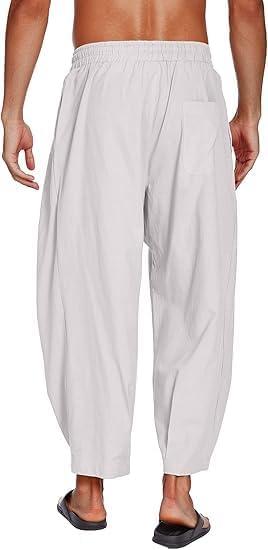 imageCOOFANDY Mens Cotton Linen Harem Pants Drawstring Casual Cropped Trousers Lightweight Loose Beach Yoga Pants with PocketsLight Grey