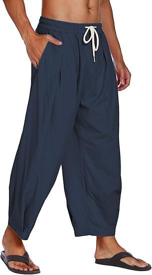 imageCOOFANDY Mens Cotton Linen Harem Pants Drawstring Casual Cropped Trousers Lightweight Loose Beach Yoga Pants with PocketsNavy Blue