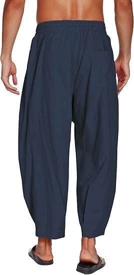 imageCOOFANDY Mens Cotton Linen Harem Pants Drawstring Casual Cropped Trousers Lightweight Loose Beach Yoga Pants with PocketsNavy Blue