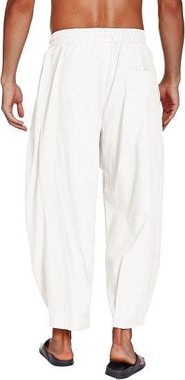 imageCOOFANDY Mens Cotton Linen Harem Pants Drawstring Casual Cropped Trousers Lightweight Loose Beach Yoga Pants with PocketsWhite