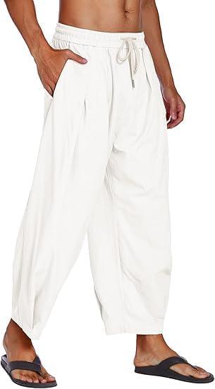 imageCOOFANDY Mens Cotton Linen Harem Pants Drawstring Casual Cropped Trousers Lightweight Loose Beach Yoga Pants with PocketsWhite