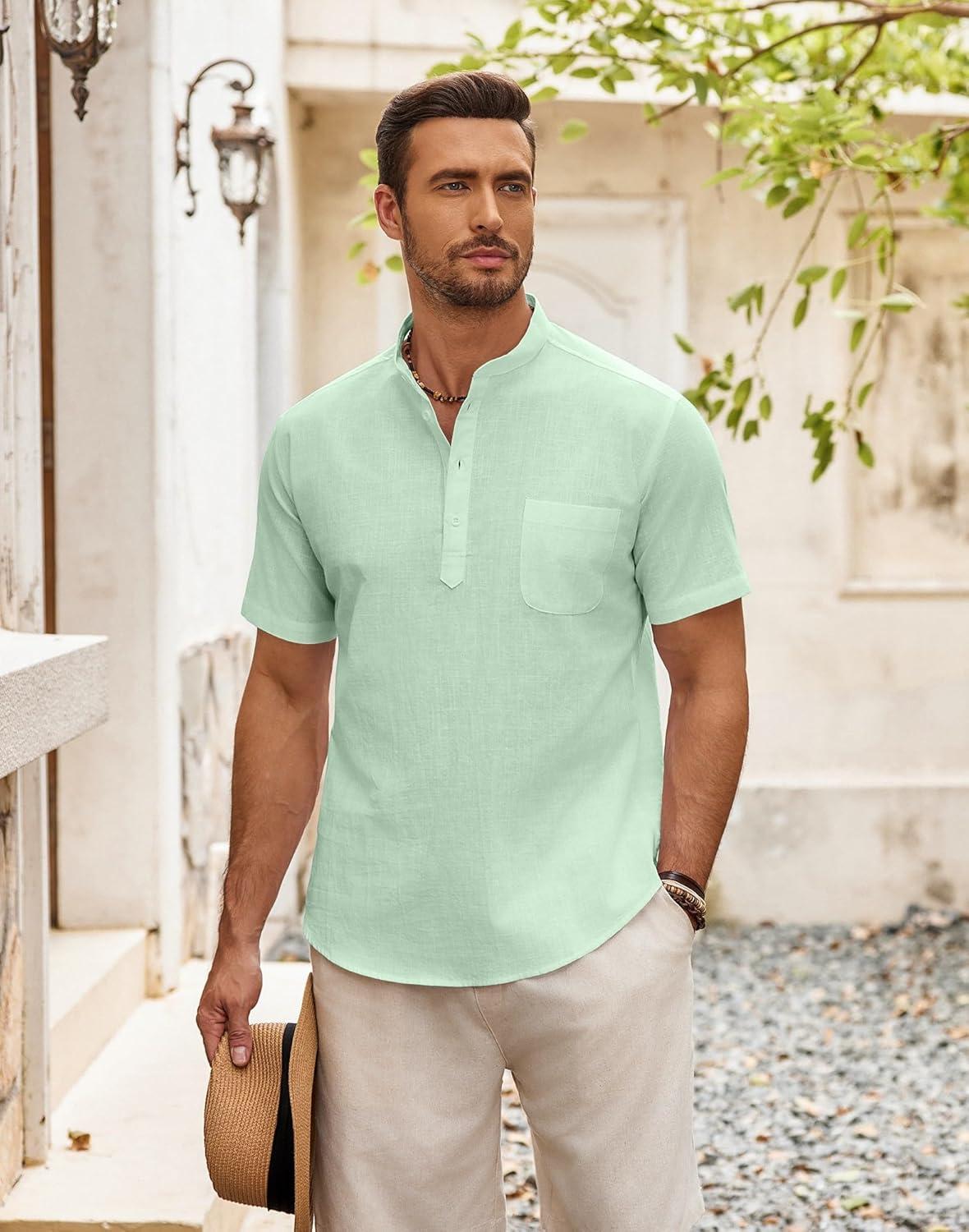 imageCOOFANDY Mens Cotton Linen Henley Shirt Short Sleeve Hippie Casual Beach TShirts with PocketLight Green