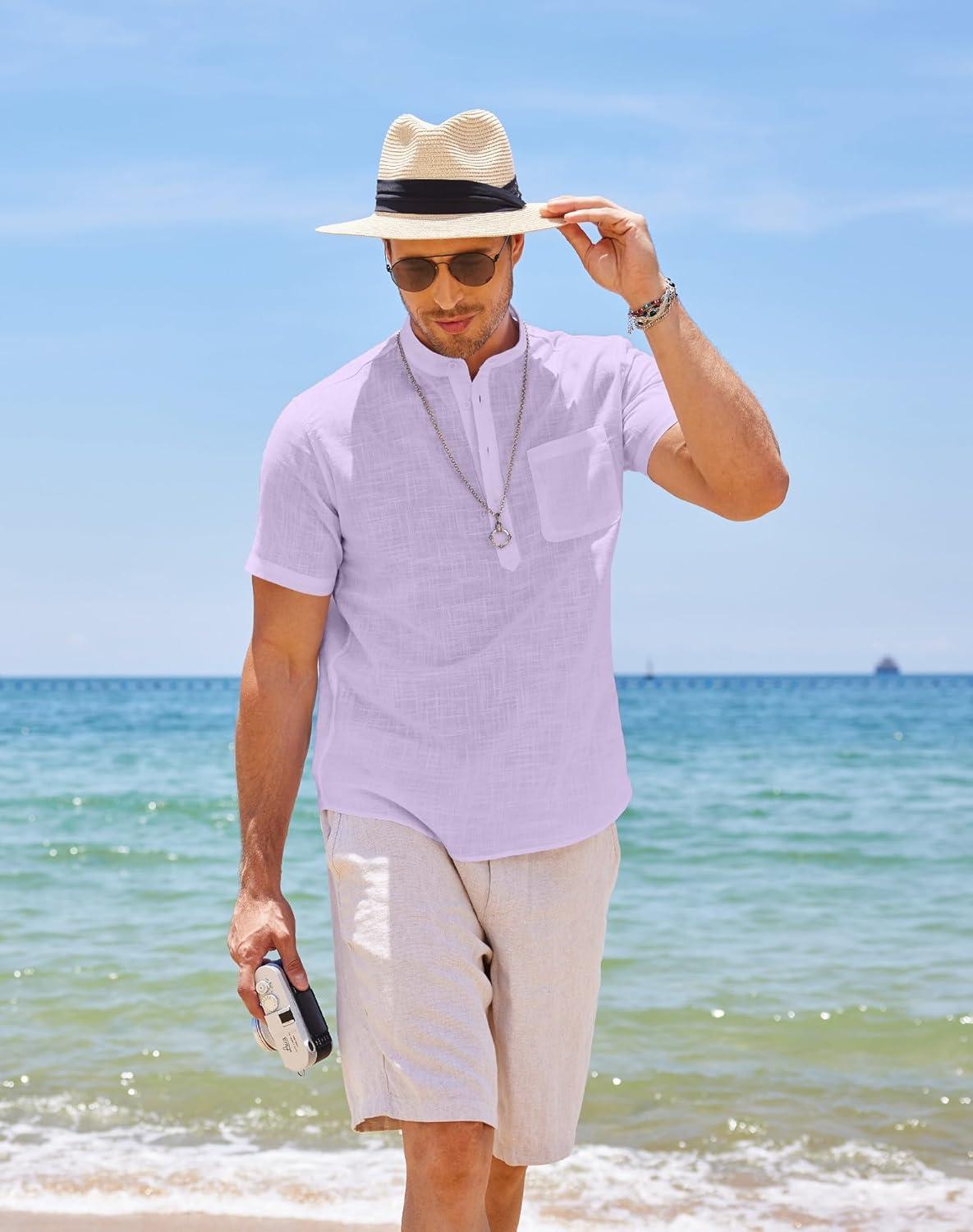 imageCOOFANDY Mens Cotton Linen Henley Shirt Short Sleeve Hippie Casual Beach TShirts with PocketLight Purple