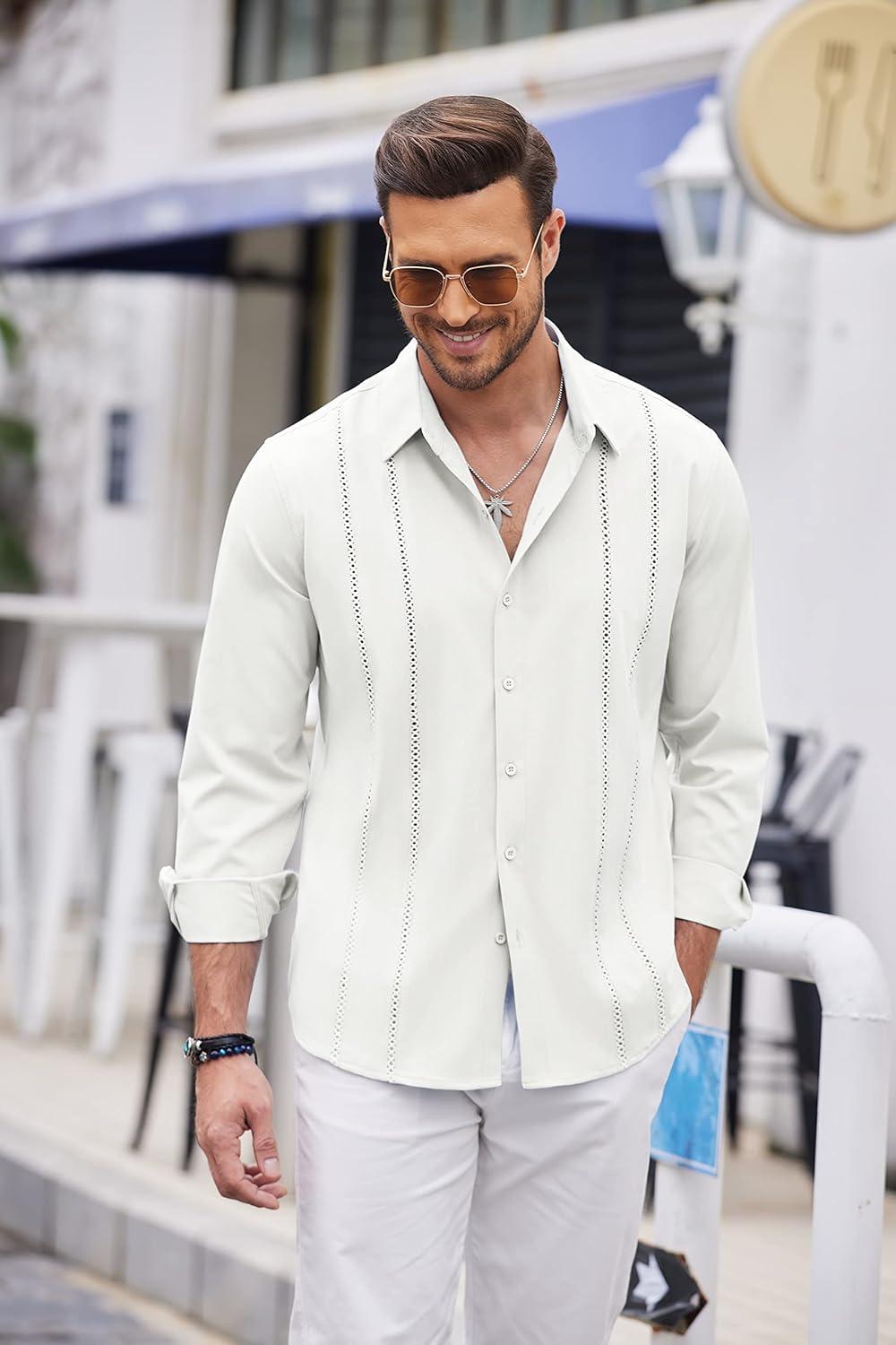 imageCOOFANDY Mens Cuban Guayabera Shirt Casual Button Down Shirts Long Sleeve Summer Beach ShirtsAwhite