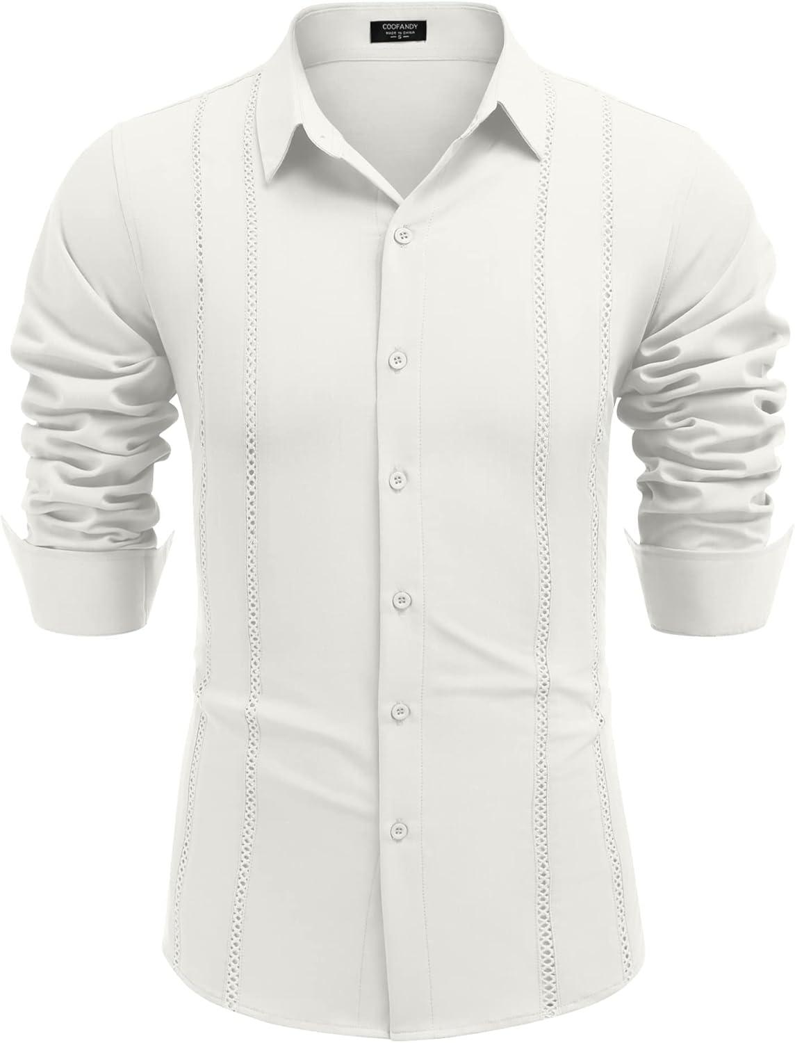 imageCOOFANDY Mens Cuban Guayabera Shirt Casual Button Down Shirts Long Sleeve Summer Beach ShirtsAwhite