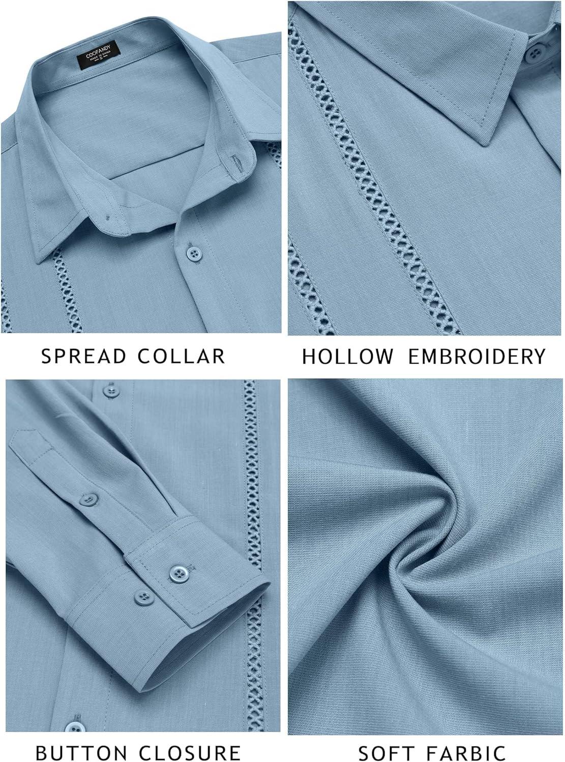 imageCOOFANDY Mens Cuban Guayabera Shirt Casual Button Down Shirts Long Sleeve Summer Beach ShirtsBlue