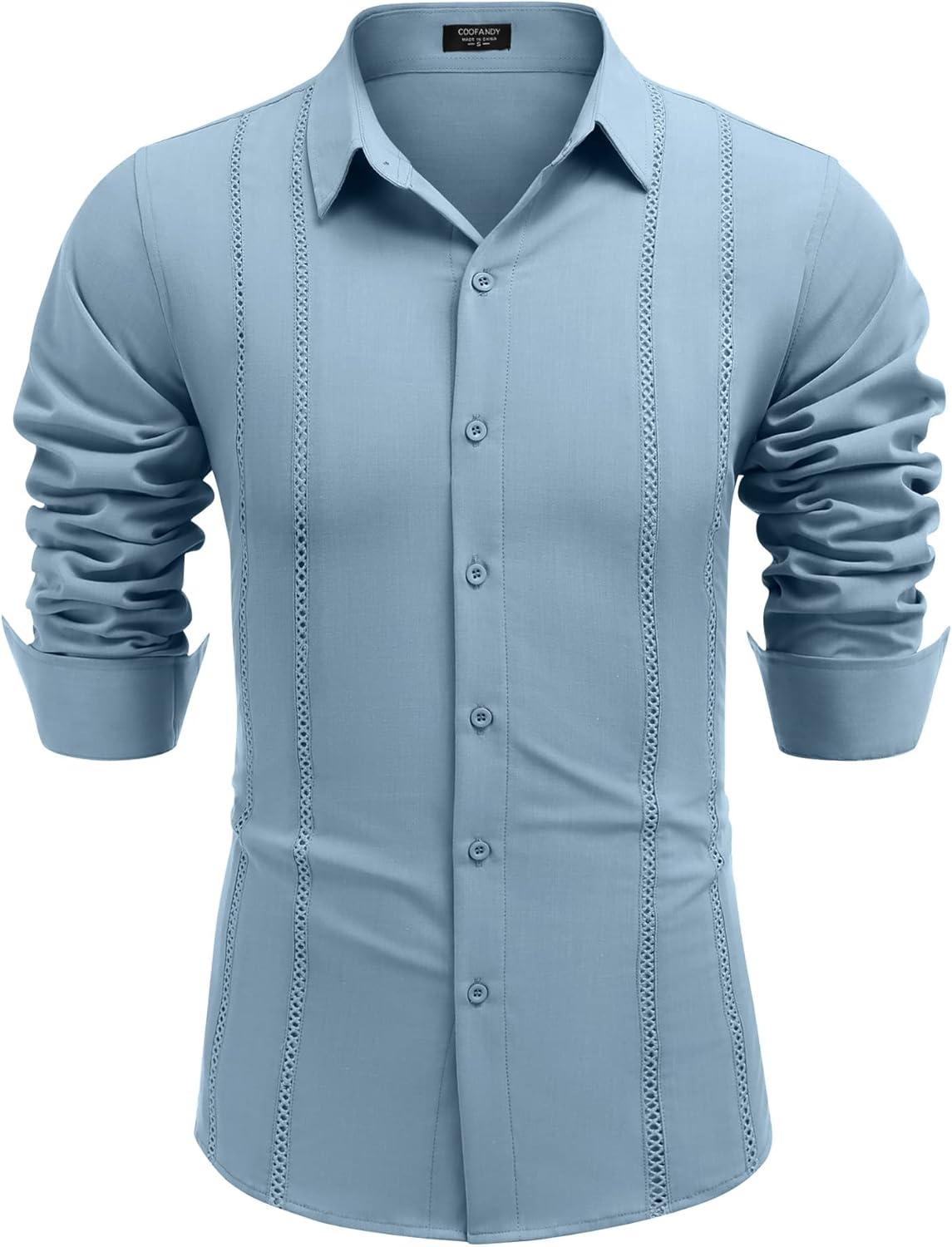 imageCOOFANDY Mens Cuban Guayabera Shirt Casual Button Down Shirts Long Sleeve Summer Beach ShirtsBlue