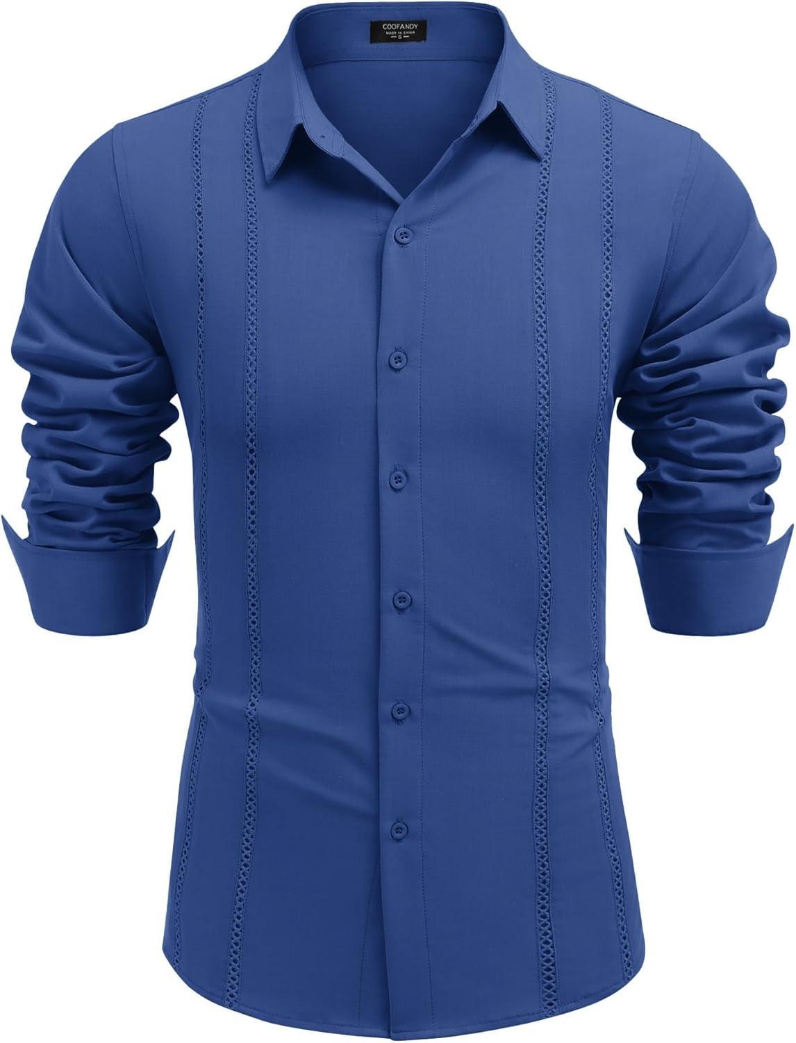 imageCOOFANDY Mens Cuban Guayabera Shirt Casual Button Down Shirts Long Sleeve Summer Beach ShirtsBrilliant Blue