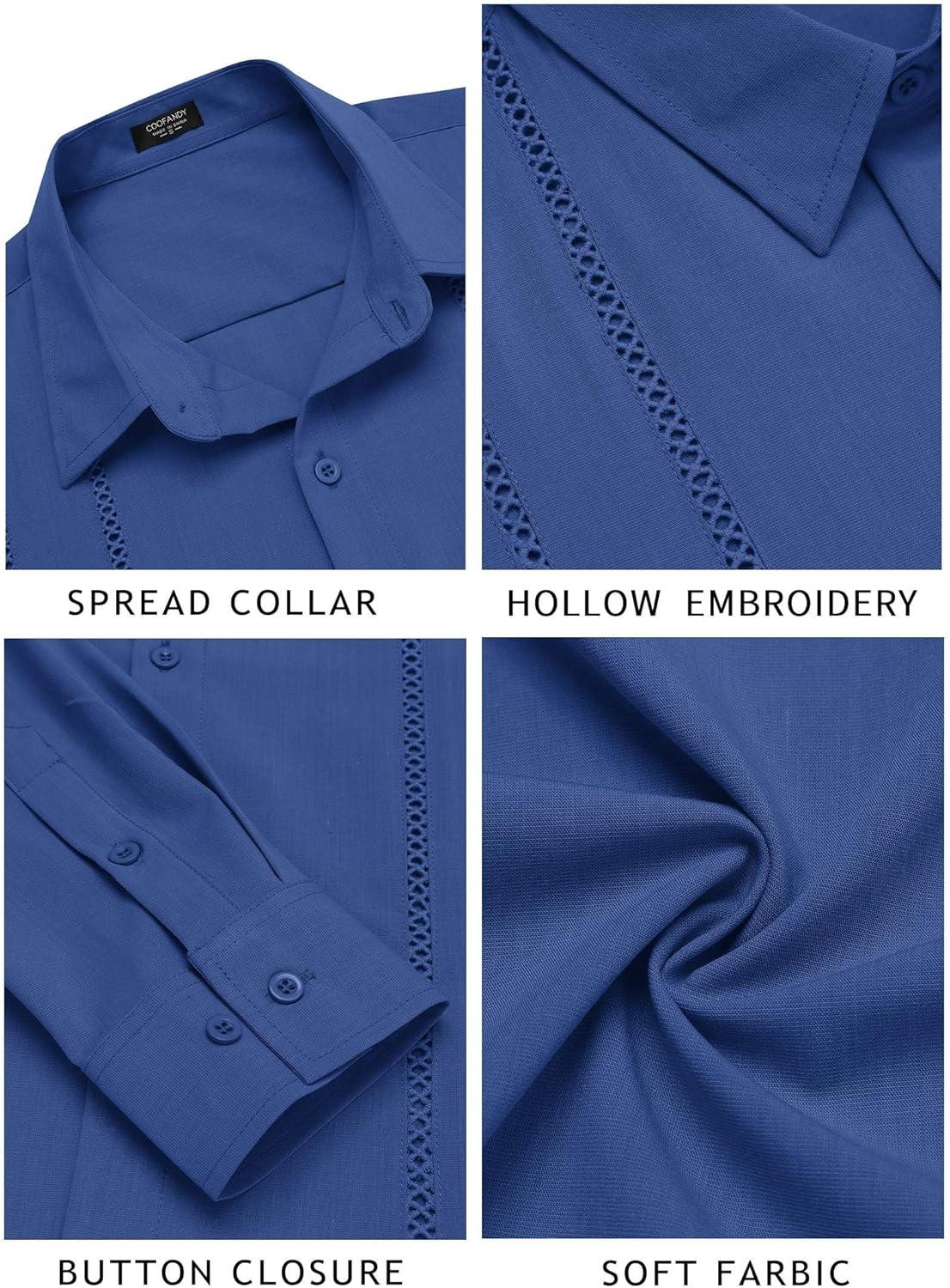imageCOOFANDY Mens Cuban Guayabera Shirt Casual Button Down Shirts Long Sleeve Summer Beach ShirtsBrilliant Blue