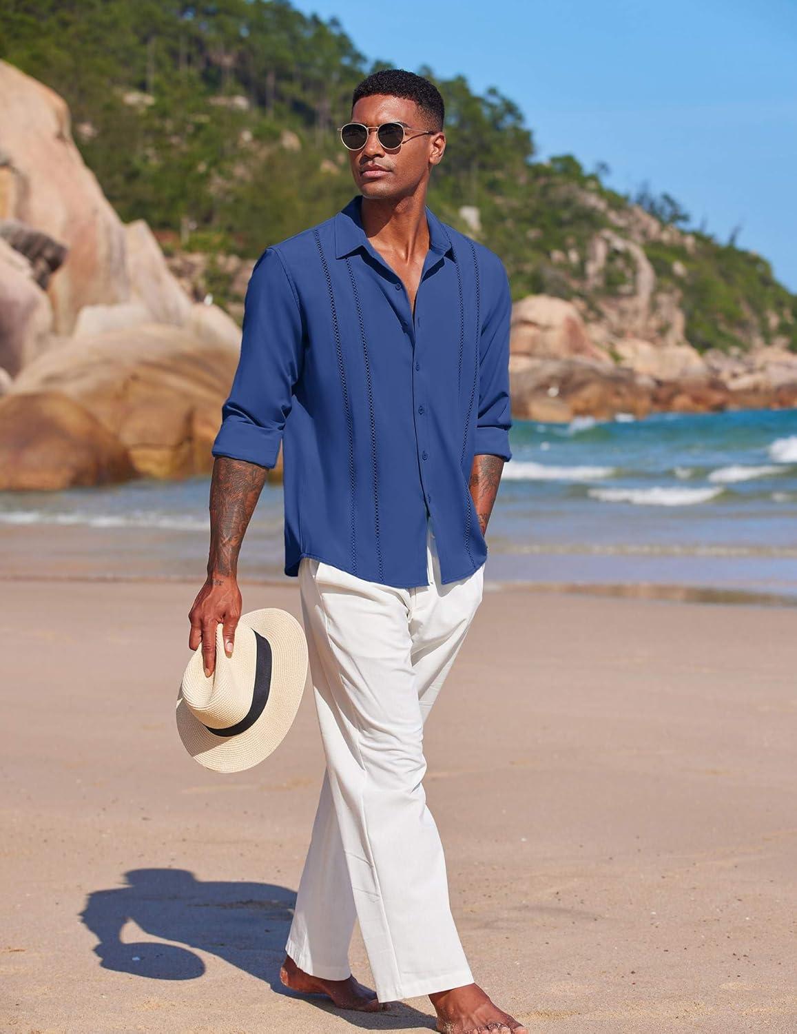 imageCOOFANDY Mens Cuban Guayabera Shirt Casual Button Down Shirts Long Sleeve Summer Beach ShirtsBrilliant Blue