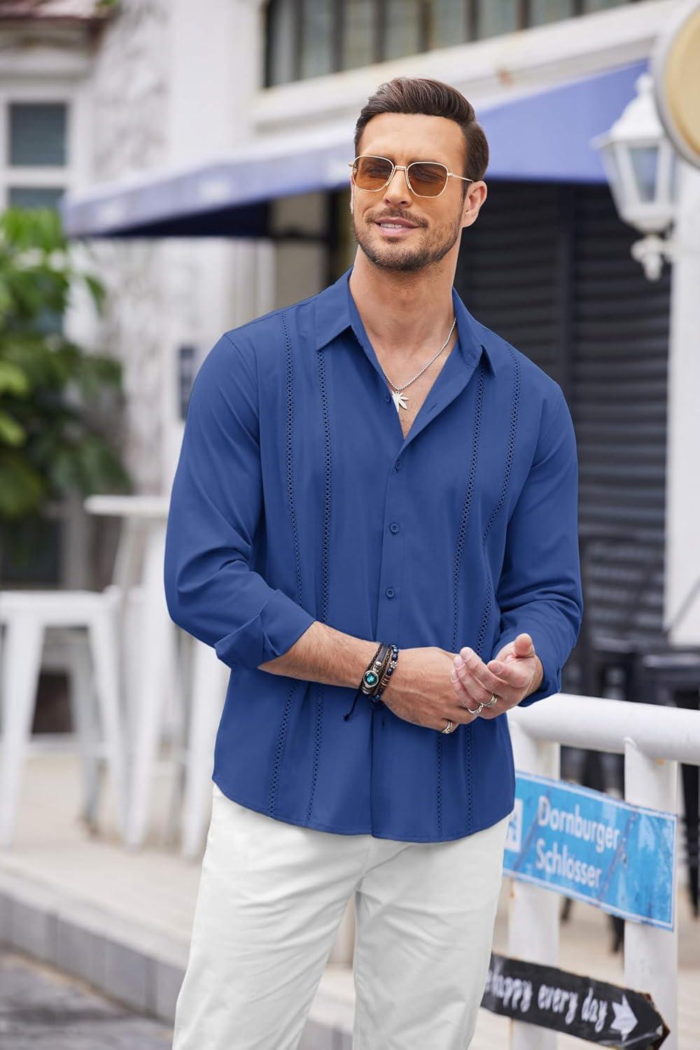 imageCOOFANDY Mens Cuban Guayabera Shirt Casual Button Down Shirts Long Sleeve Summer Beach ShirtsBrilliant Blue