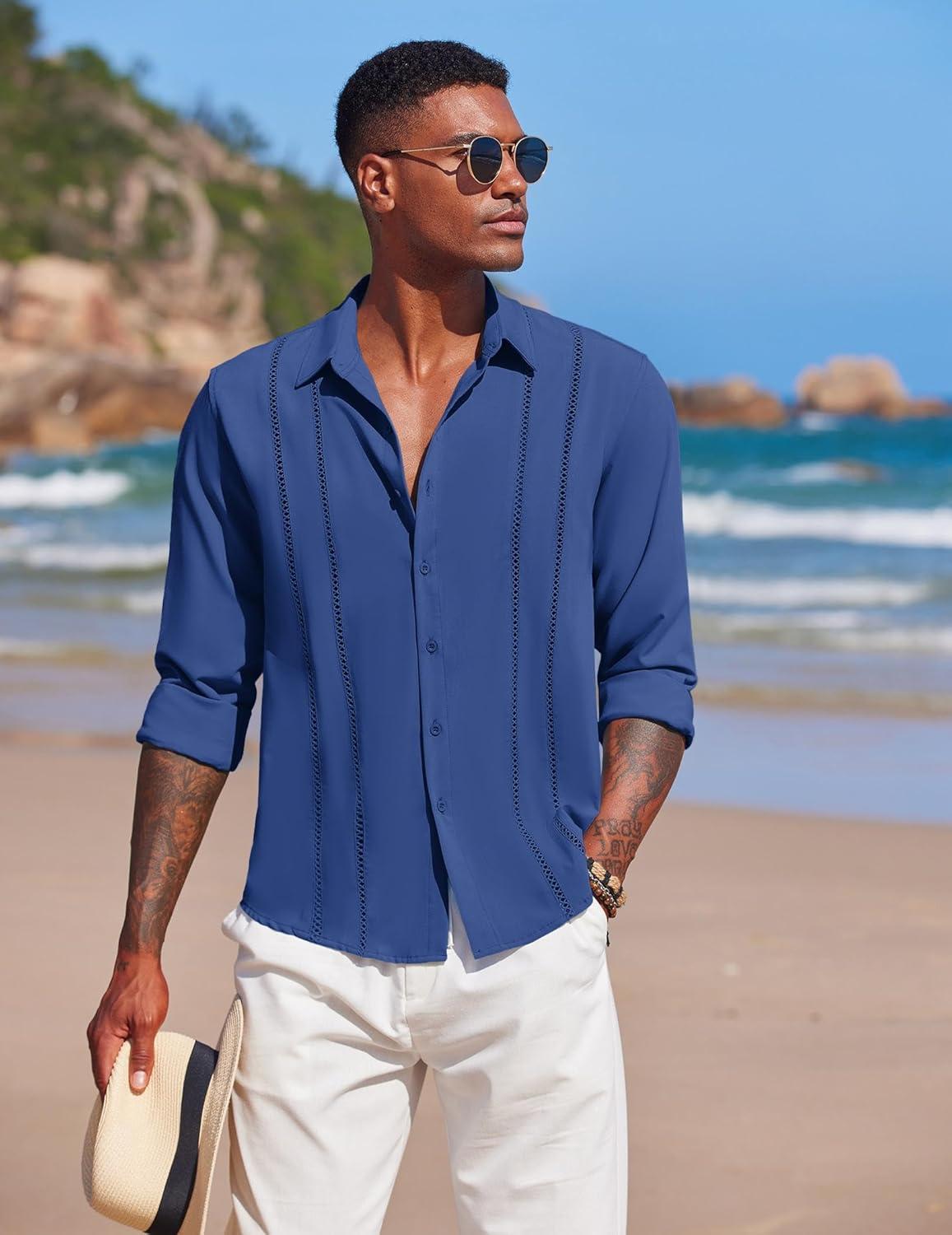 imageCOOFANDY Mens Cuban Guayabera Shirt Casual Button Down Shirts Long Sleeve Summer Beach ShirtsBrilliant Blue