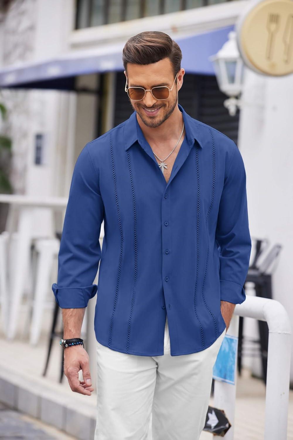 imageCOOFANDY Mens Cuban Guayabera Shirt Casual Button Down Shirts Long Sleeve Summer Beach ShirtsBrilliant Blue