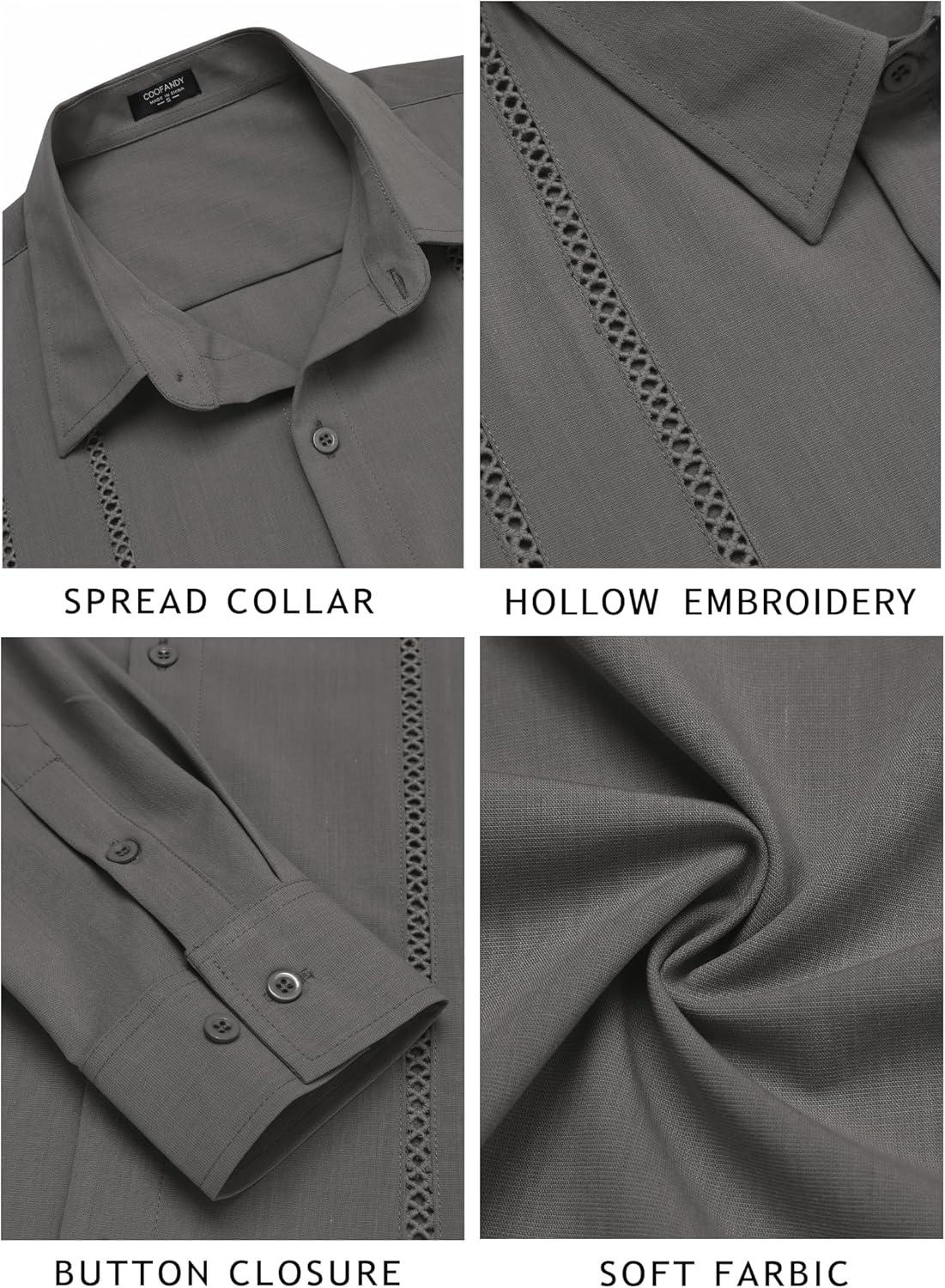 imageCOOFANDY Mens Cuban Guayabera Shirt Casual Button Down Shirts Long Sleeve Summer Beach ShirtsDark Grey