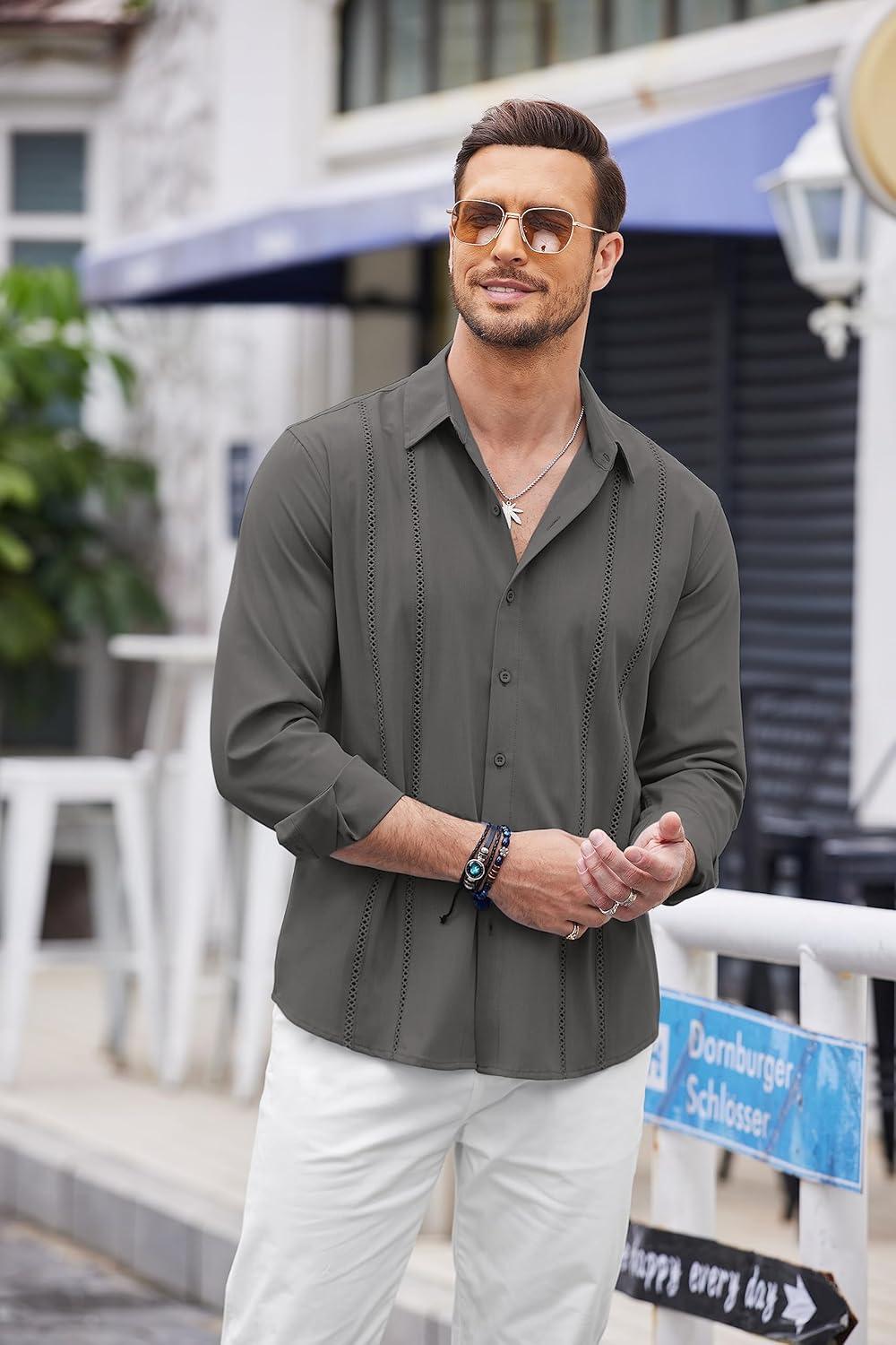 imageCOOFANDY Mens Cuban Guayabera Shirt Casual Button Down Shirts Long Sleeve Summer Beach ShirtsDark Grey