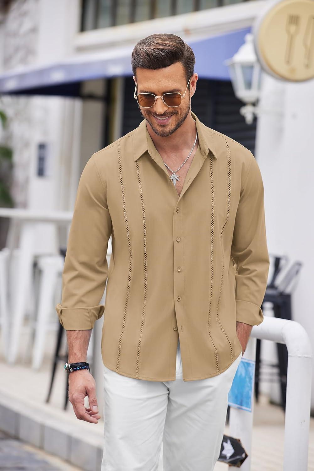 imageCOOFANDY Mens Cuban Guayabera Shirt Casual Button Down Shirts Long Sleeve Summer Beach ShirtsDark Khaki