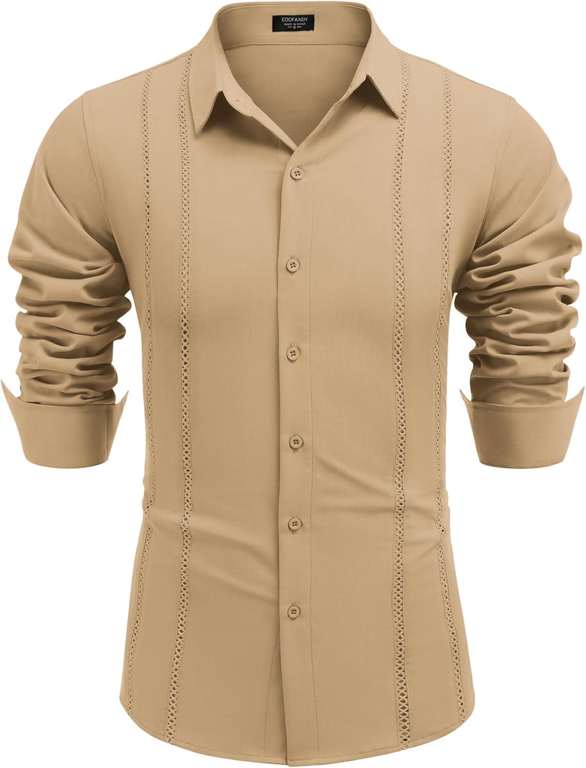 imageCOOFANDY Mens Cuban Guayabera Shirt Casual Button Down Shirts Long Sleeve Summer Beach ShirtsDark Khaki