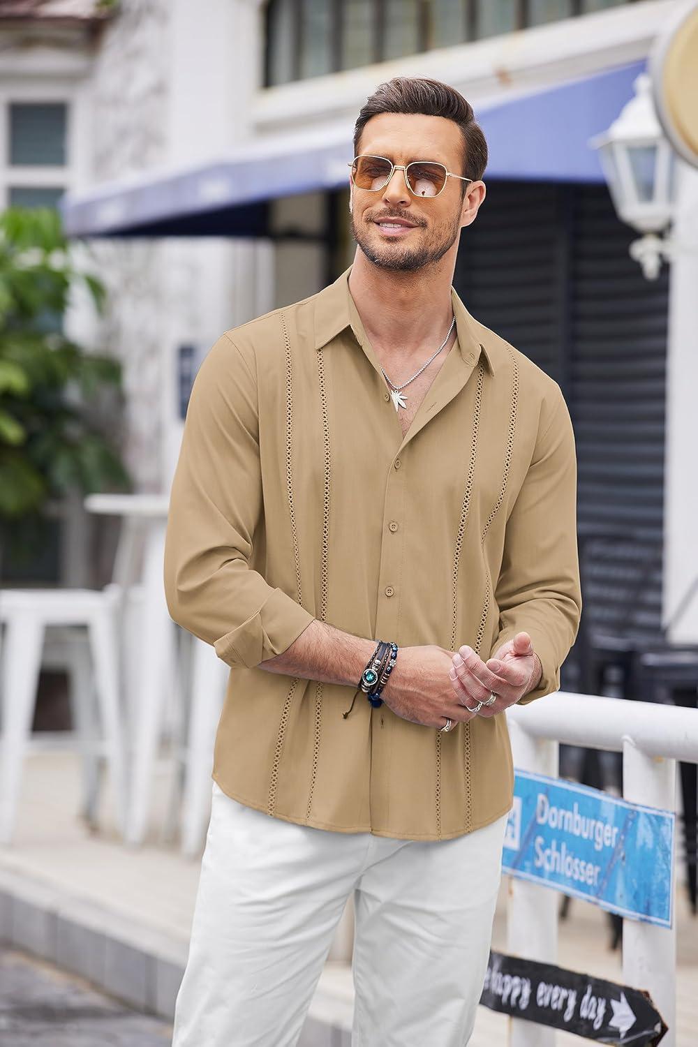 imageCOOFANDY Mens Cuban Guayabera Shirt Casual Button Down Shirts Long Sleeve Summer Beach ShirtsDark Khaki