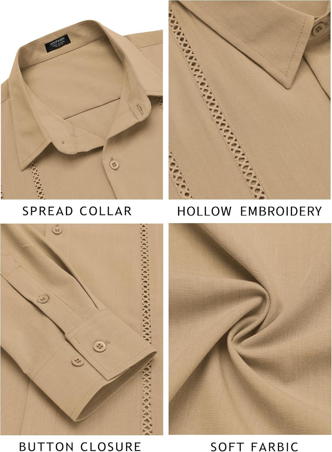 imageCOOFANDY Mens Cuban Guayabera Shirt Casual Button Down Shirts Long Sleeve Summer Beach ShirtsDark Khaki