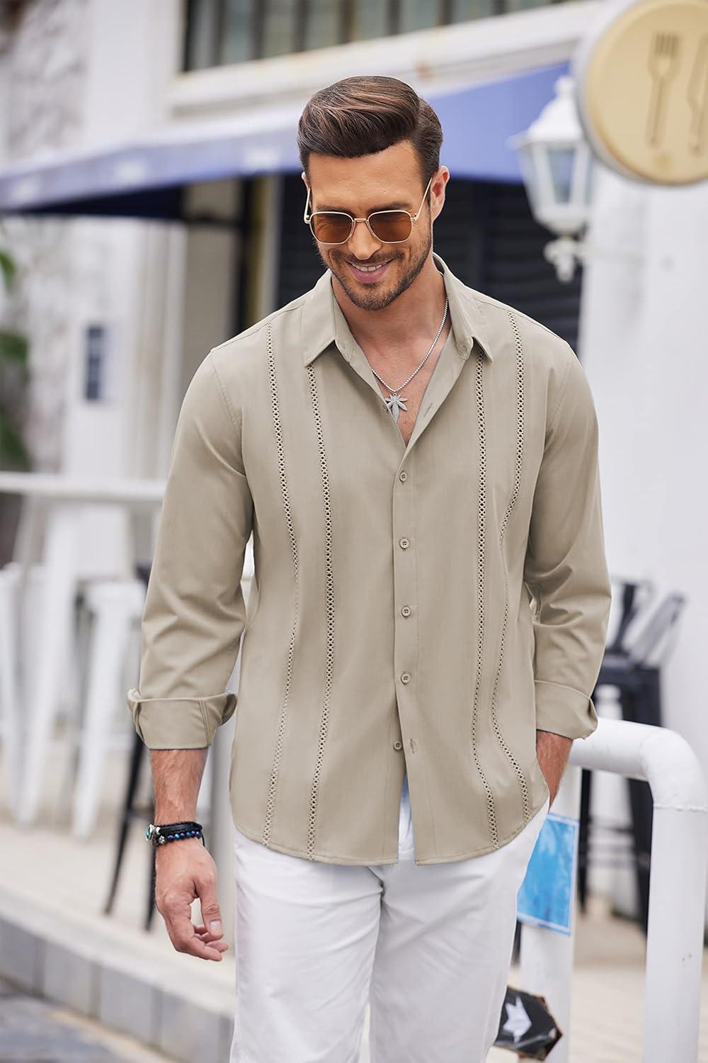 imageCOOFANDY Mens Cuban Guayabera Shirt Casual Button Down Shirts Long Sleeve Summer Beach ShirtsKhaki