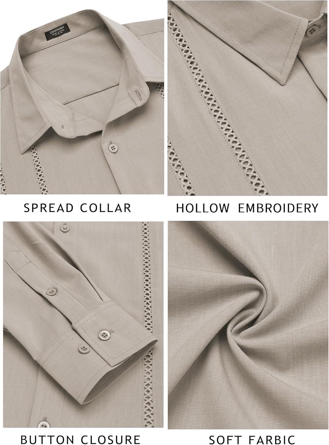 imageCOOFANDY Mens Cuban Guayabera Shirt Casual Button Down Shirts Long Sleeve Summer Beach ShirtsKhaki