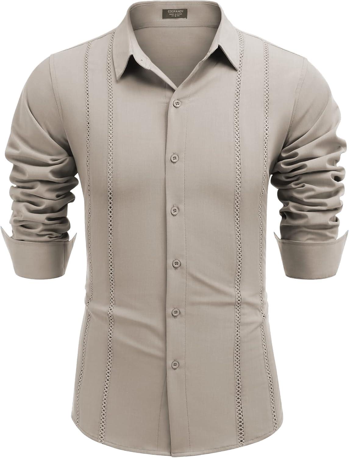 imageCOOFANDY Mens Cuban Guayabera Shirt Casual Button Down Shirts Long Sleeve Summer Beach ShirtsKhaki