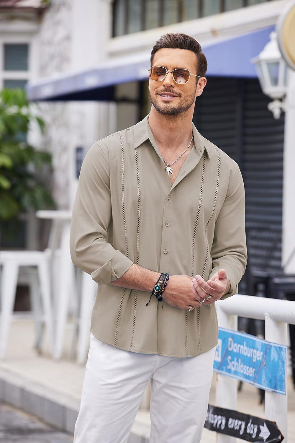 imageCOOFANDY Mens Cuban Guayabera Shirt Casual Button Down Shirts Long Sleeve Summer Beach ShirtsKhaki