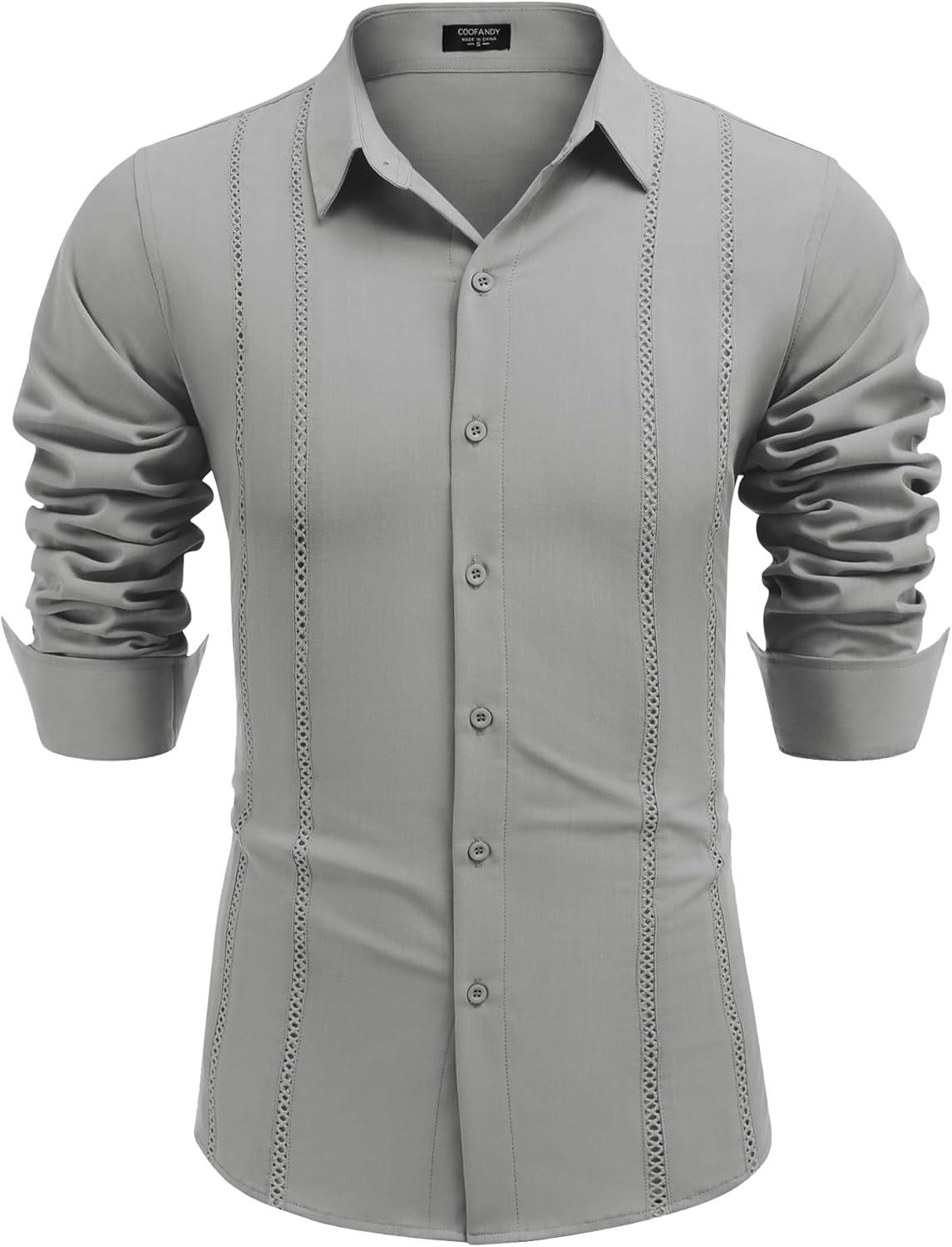 imageCOOFANDY Mens Cuban Guayabera Shirt Casual Button Down Shirts Long Sleeve Summer Beach ShirtsLight Grey