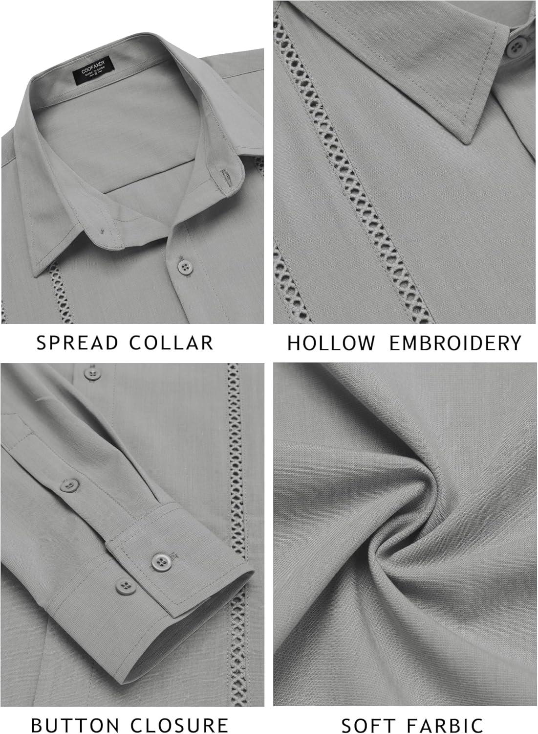 imageCOOFANDY Mens Cuban Guayabera Shirt Casual Button Down Shirts Long Sleeve Summer Beach ShirtsLight Grey