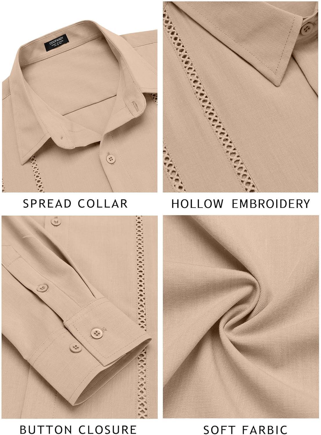 imageCOOFANDY Mens Cuban Guayabera Shirt Casual Button Down Shirts Long Sleeve Summer Beach ShirtsLight Khaki