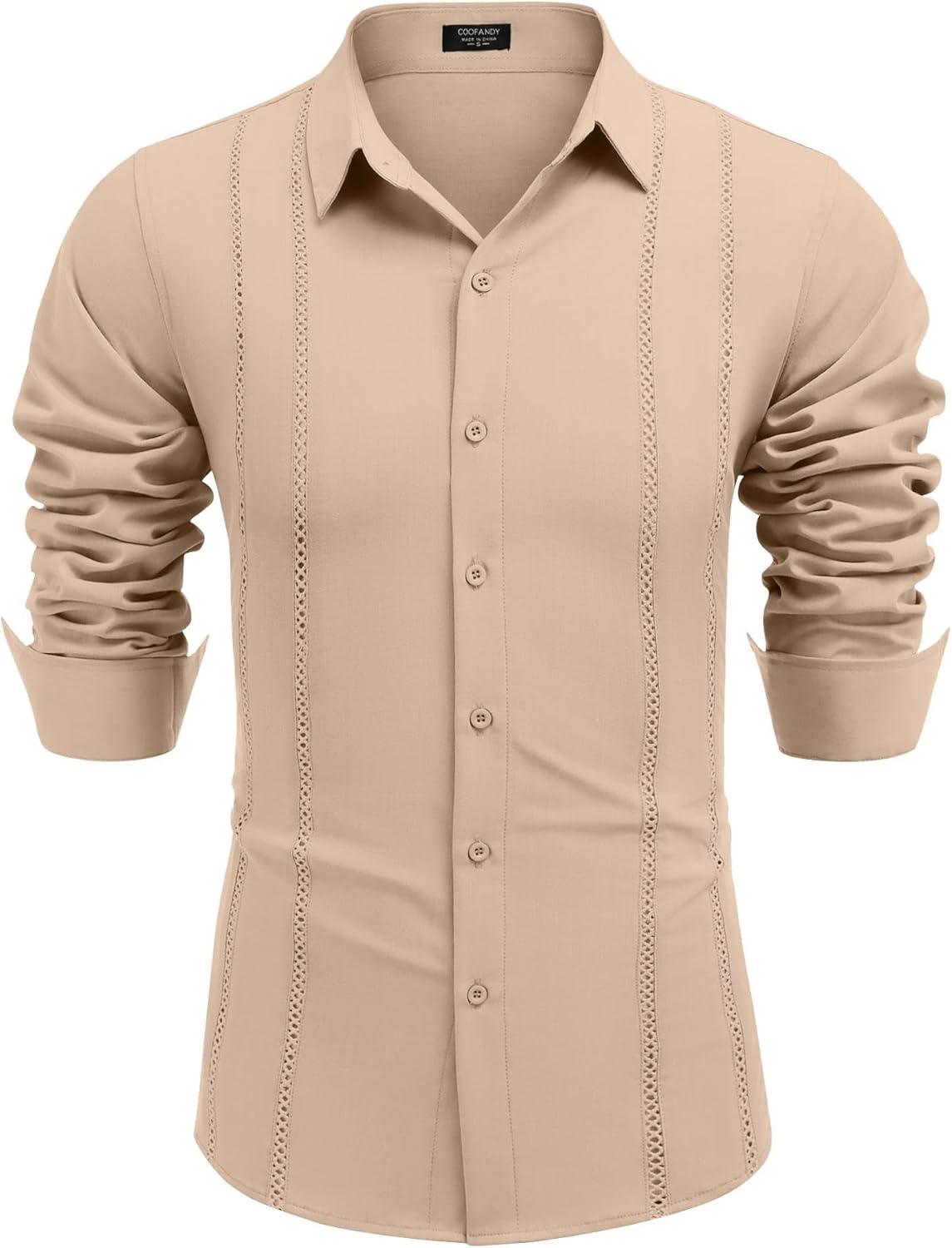 imageCOOFANDY Mens Cuban Guayabera Shirt Casual Button Down Shirts Long Sleeve Summer Beach ShirtsLight Khaki