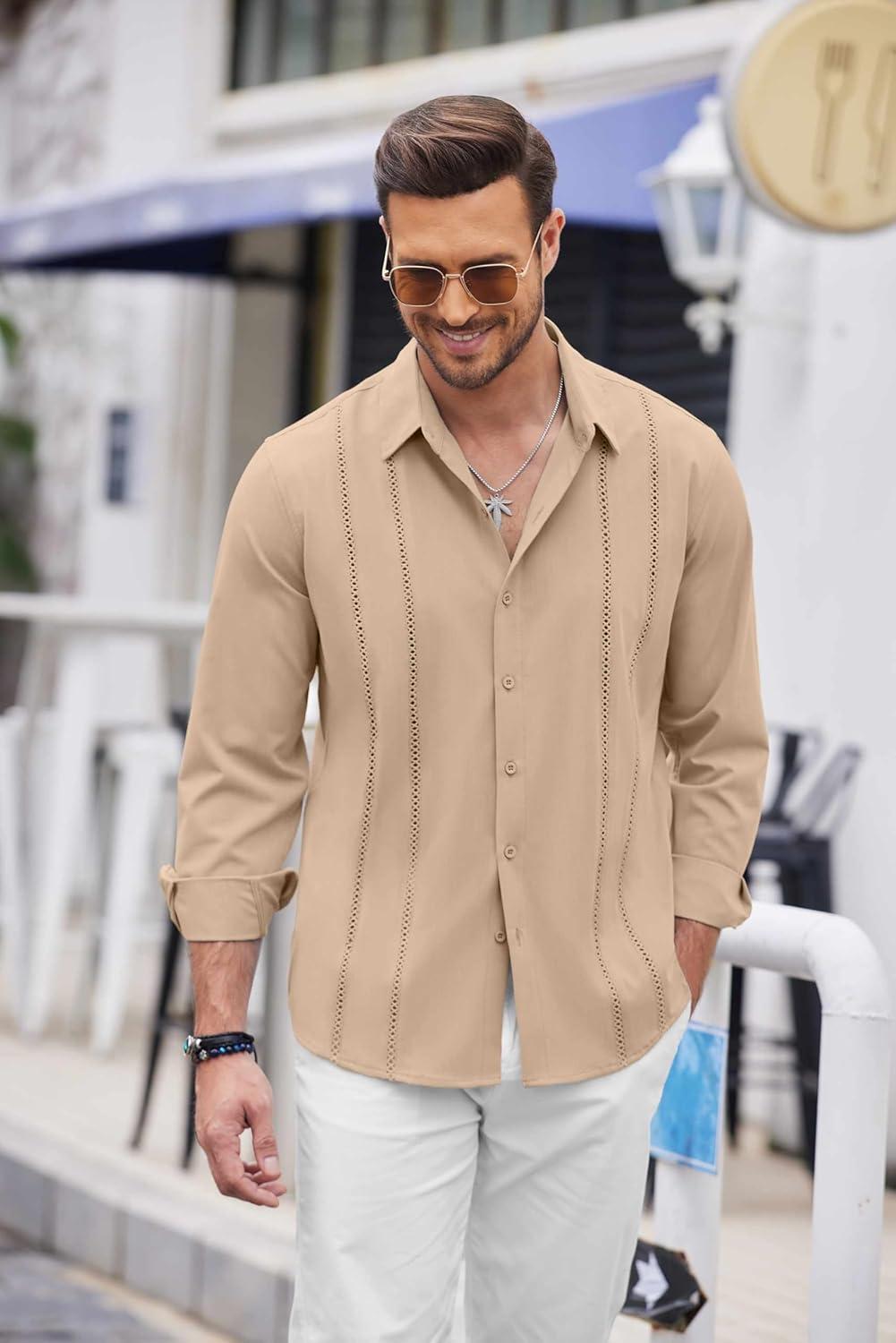 imageCOOFANDY Mens Cuban Guayabera Shirt Casual Button Down Shirts Long Sleeve Summer Beach ShirtsLight Khaki