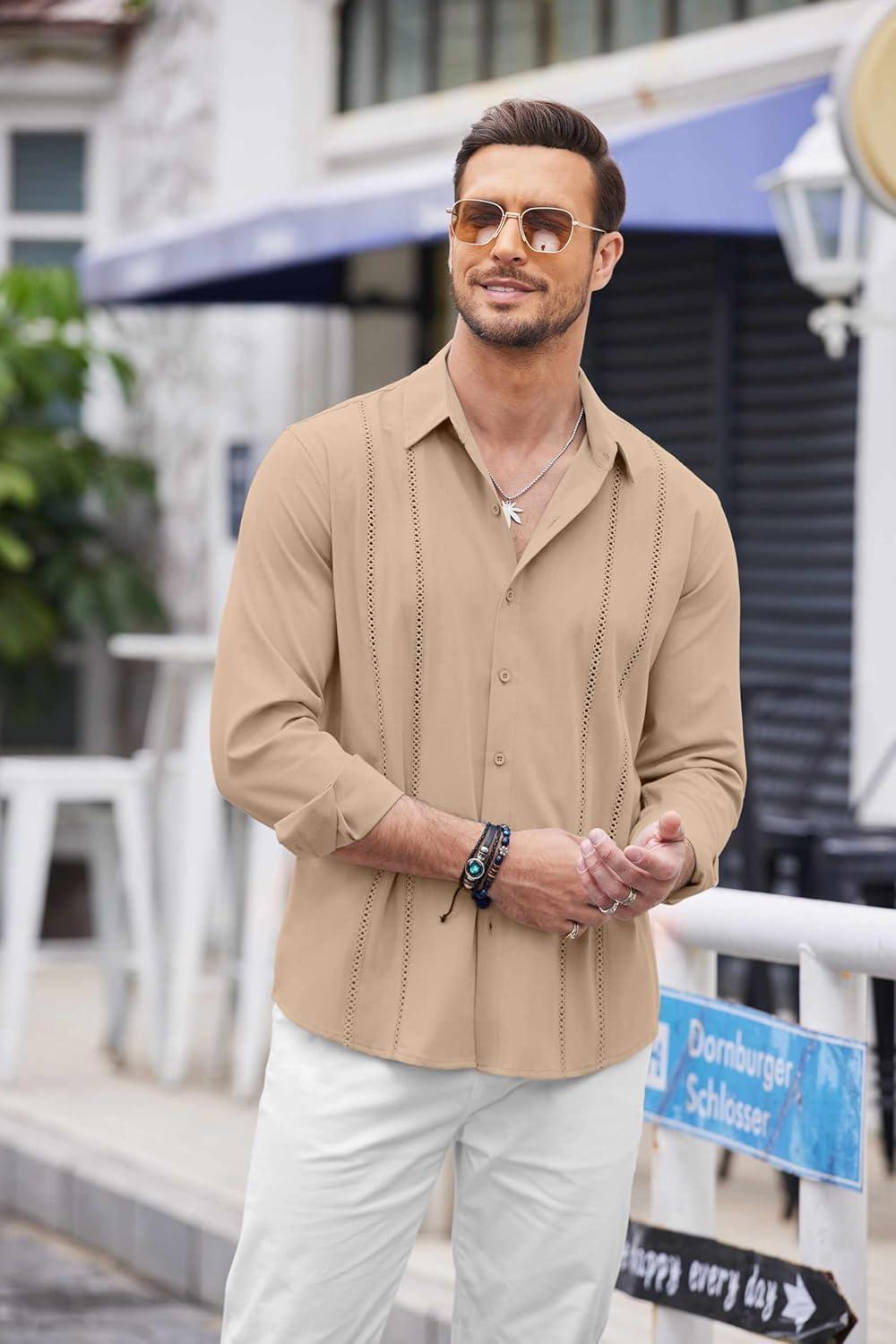 imageCOOFANDY Mens Cuban Guayabera Shirt Casual Button Down Shirts Long Sleeve Summer Beach ShirtsLight Khaki