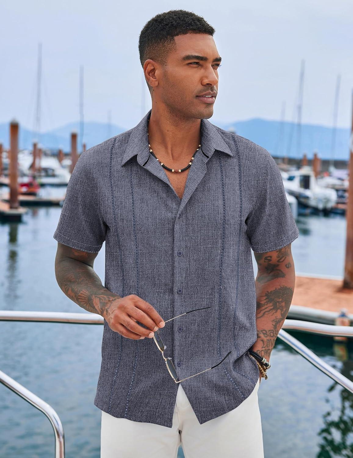 imageCOOFANDY Mens Cuban Guayabera Shirt Casual Short Sleeve Button Down Shirts Summer Beach ShirtsIndigo