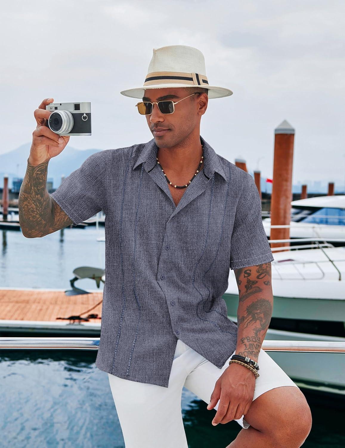 imageCOOFANDY Mens Cuban Guayabera Shirt Casual Short Sleeve Button Down Shirts Summer Beach ShirtsIndigo