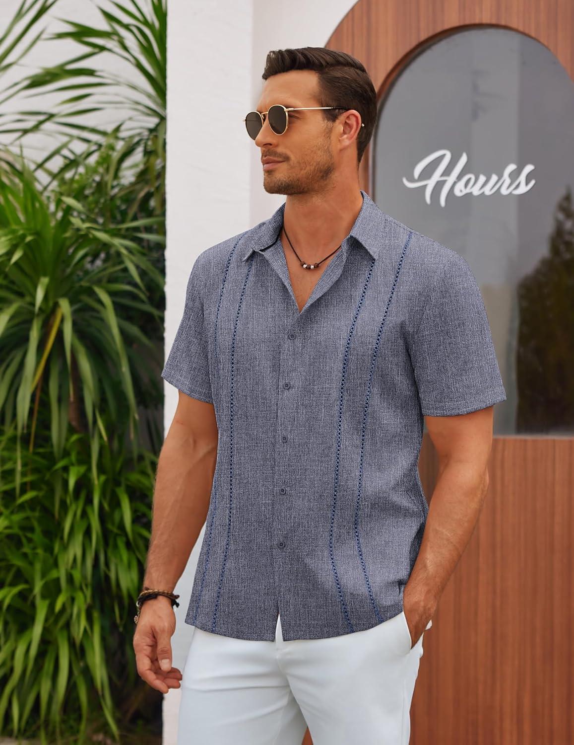 imageCOOFANDY Mens Cuban Guayabera Shirt Casual Short Sleeve Button Down Shirts Summer Beach ShirtsIndigo