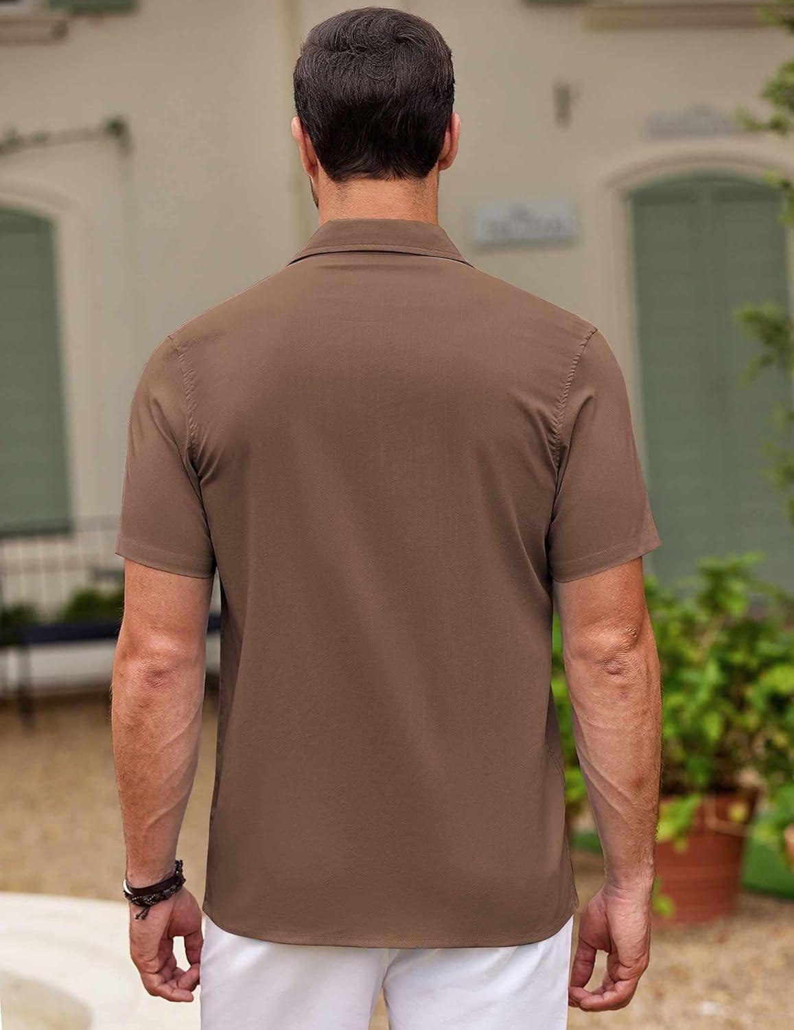 imageCOOFANDY Mens Cuban Guayabera Shirt Short Sleeve Linen Button Down Shirts Casual Summer Beach TopsBrown