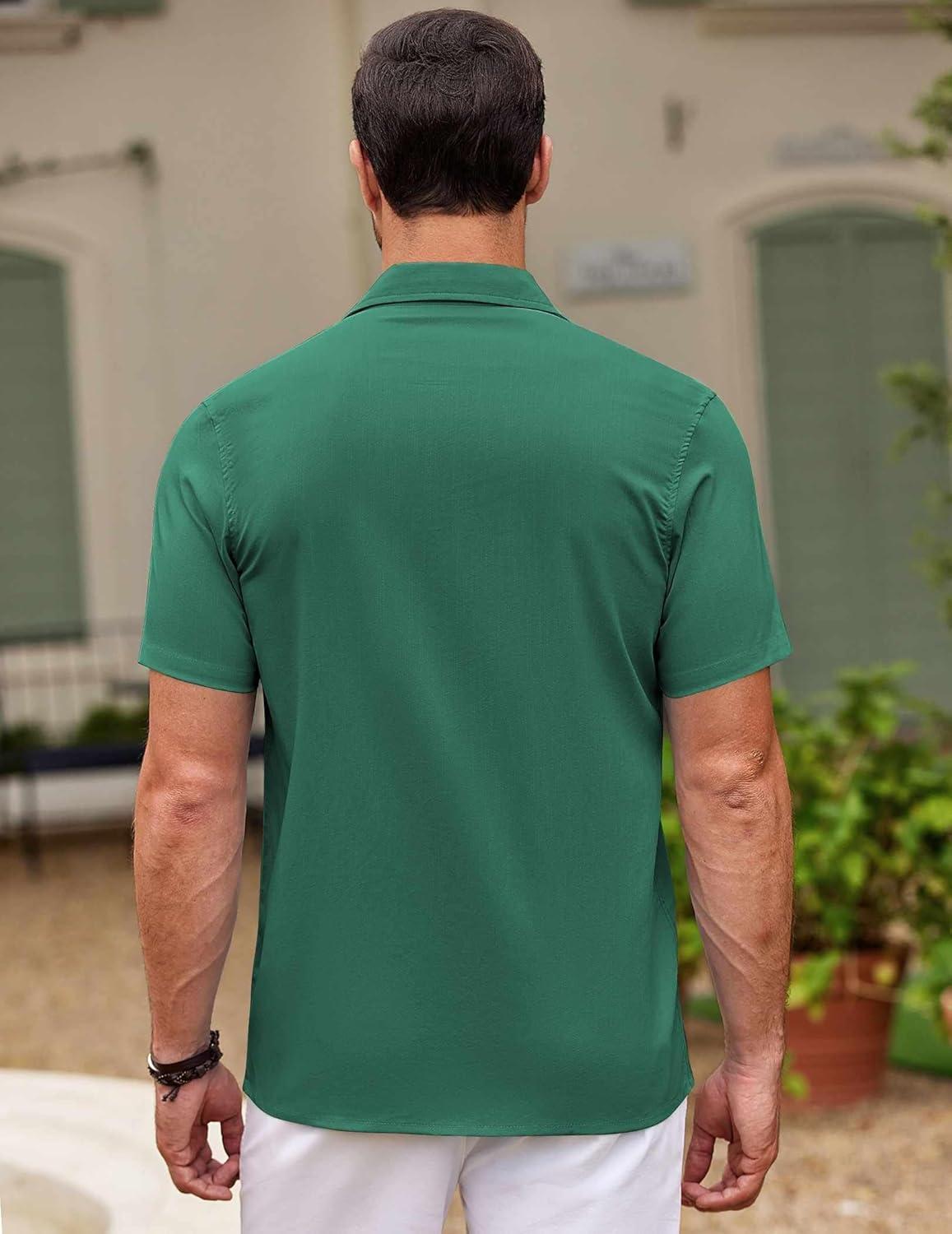 imageCOOFANDY Mens Cuban Guayabera Shirt Short Sleeve Linen Button Down Shirts Casual Summer Beach TopsGreen
