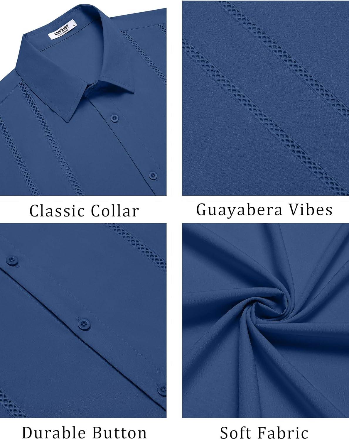 imageCOOFANDY Mens Cuban Guayabera Shirt Summer Beach Vacation Shirt Casual Short Sleeve Button Down Resort WearDark Blue