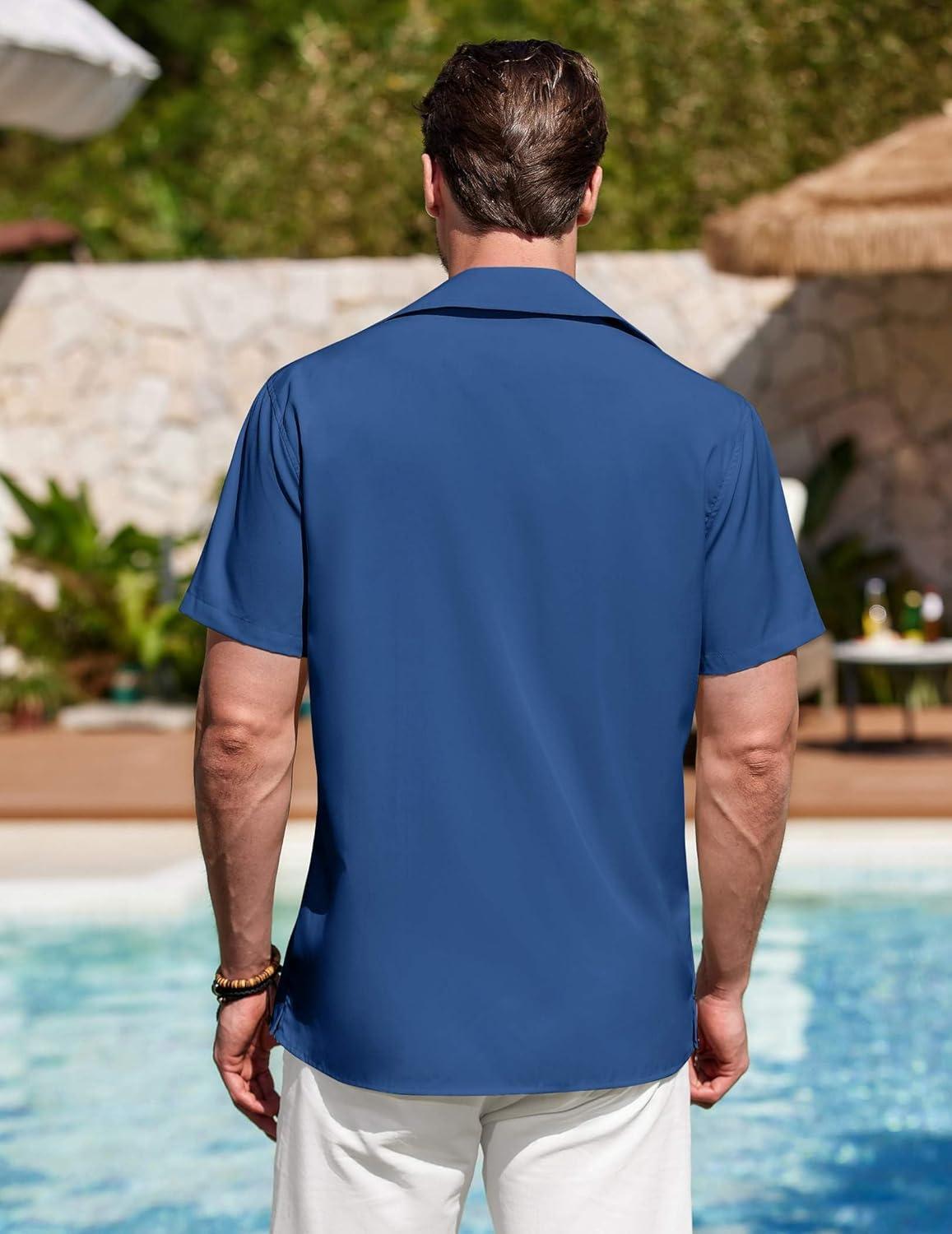 imageCOOFANDY Mens Cuban Guayabera Shirt Summer Beach Vacation Shirt Casual Short Sleeve Button Down Resort WearDark Blue