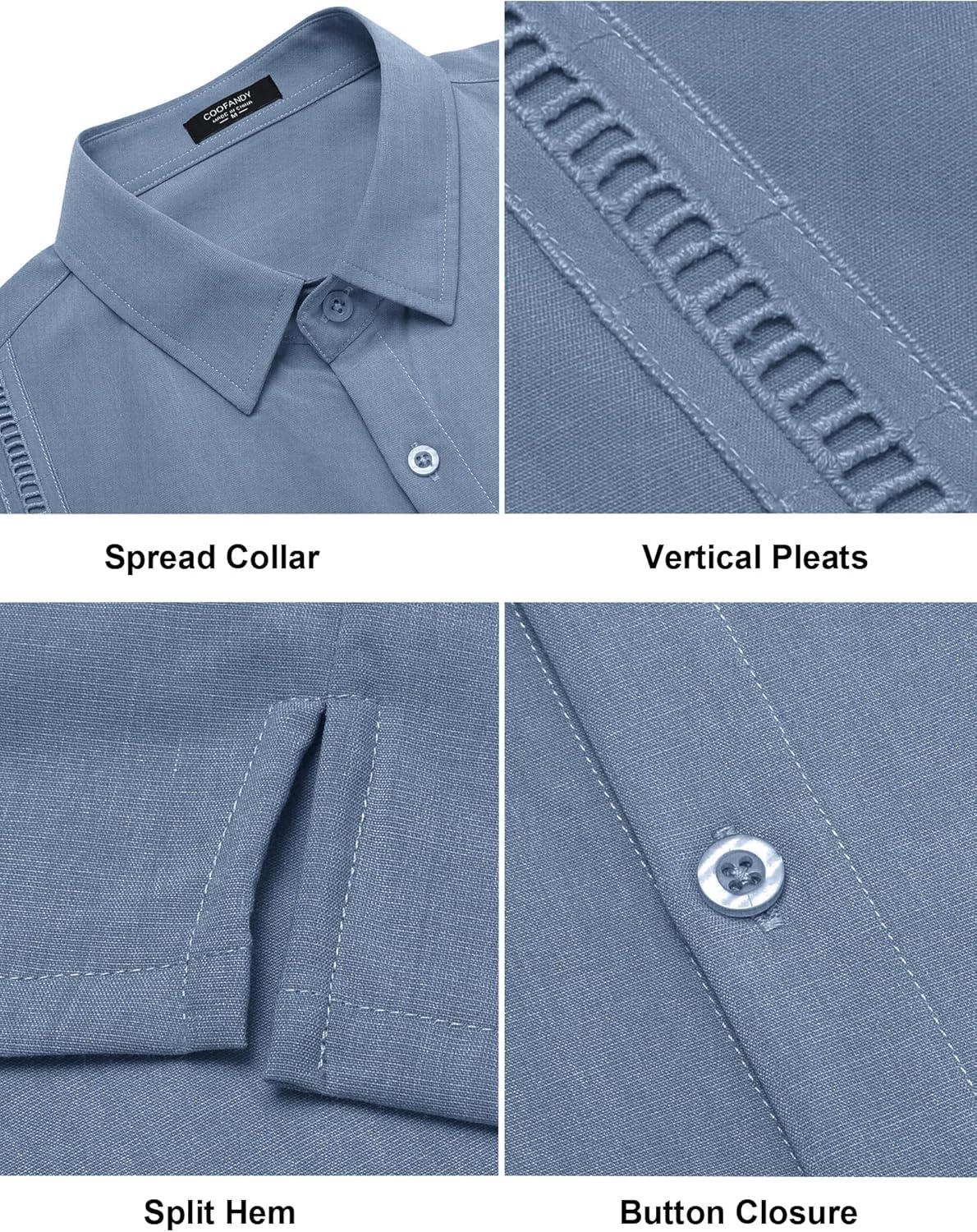 imageCOOFANDY Mens Cuban Guayabera Shirts Casual Long Sleeve Button Down Shirts Band Collar Linen Summer Beach ShirtsAblue