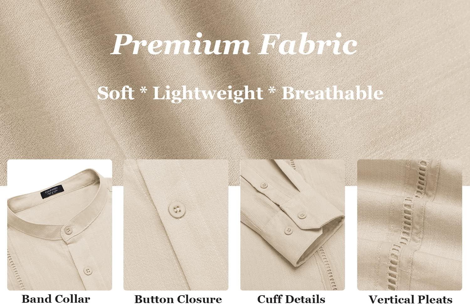 imageCOOFANDY Mens Cuban Guayabera Shirts Casual Long Sleeve Button Down Shirts Band Collar Linen Summer Beach ShirtsBeige