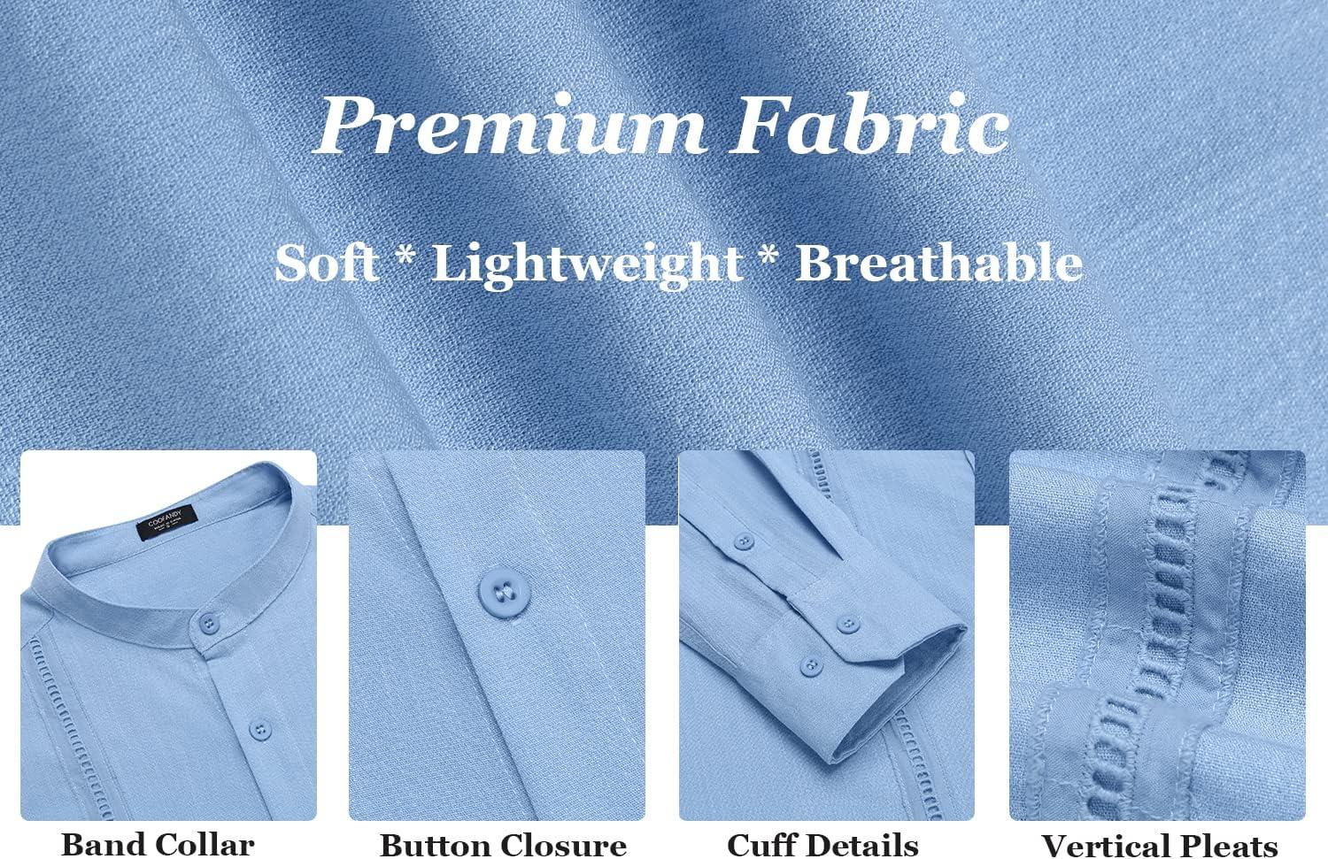 imageCOOFANDY Mens Cuban Guayabera Shirts Casual Long Sleeve Button Down Shirts Band Collar Linen Summer Beach ShirtsLight Blue