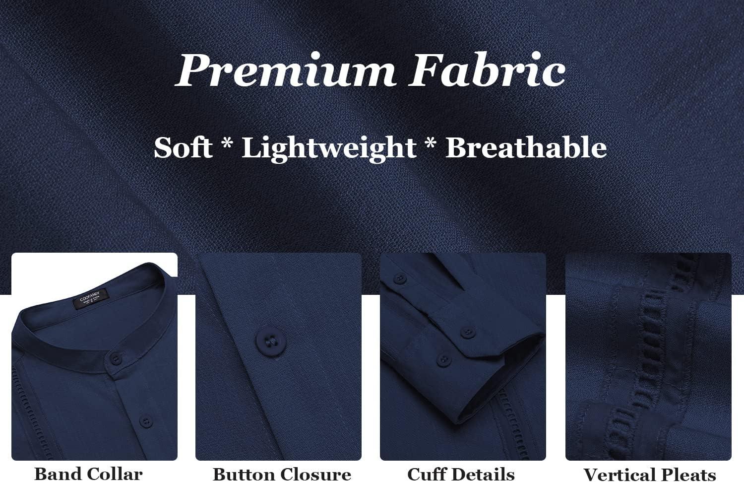 imageCOOFANDY Mens Cuban Guayabera Shirts Casual Long Sleeve Button Down Shirts Band Collar Linen Summer Beach ShirtsNavy Blue