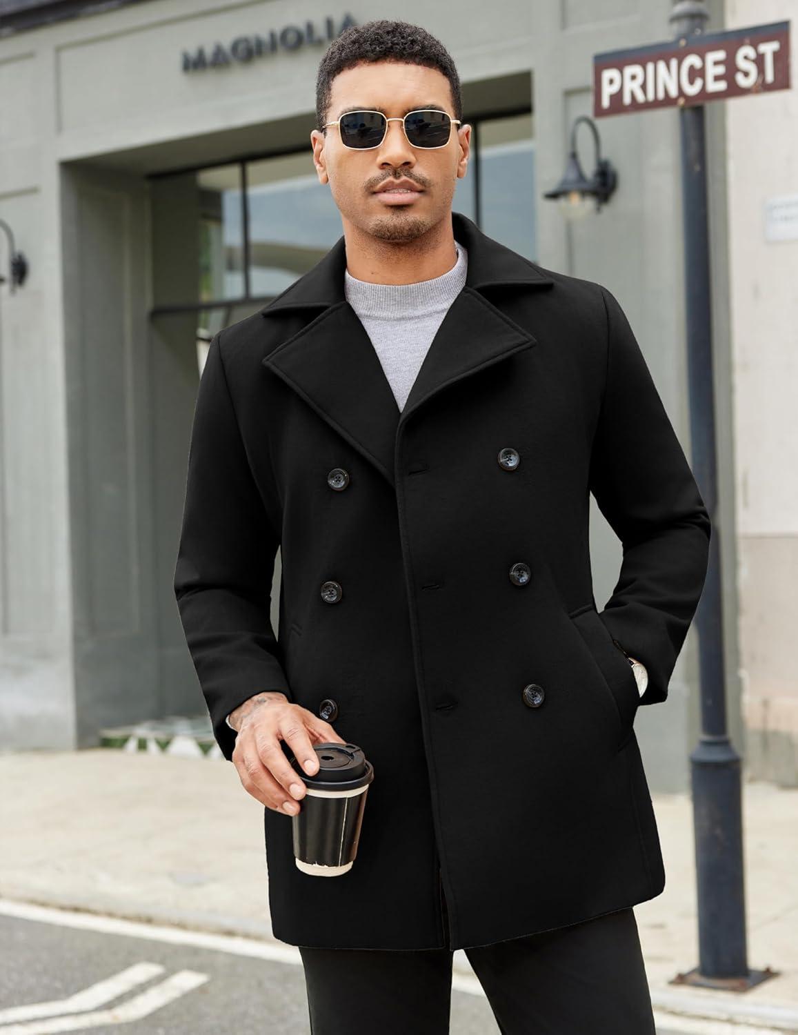 imageCOOFANDY Mens Double Breasted Pea Coat Winter Overcoat Short Trench Coat Notched CollarBlack