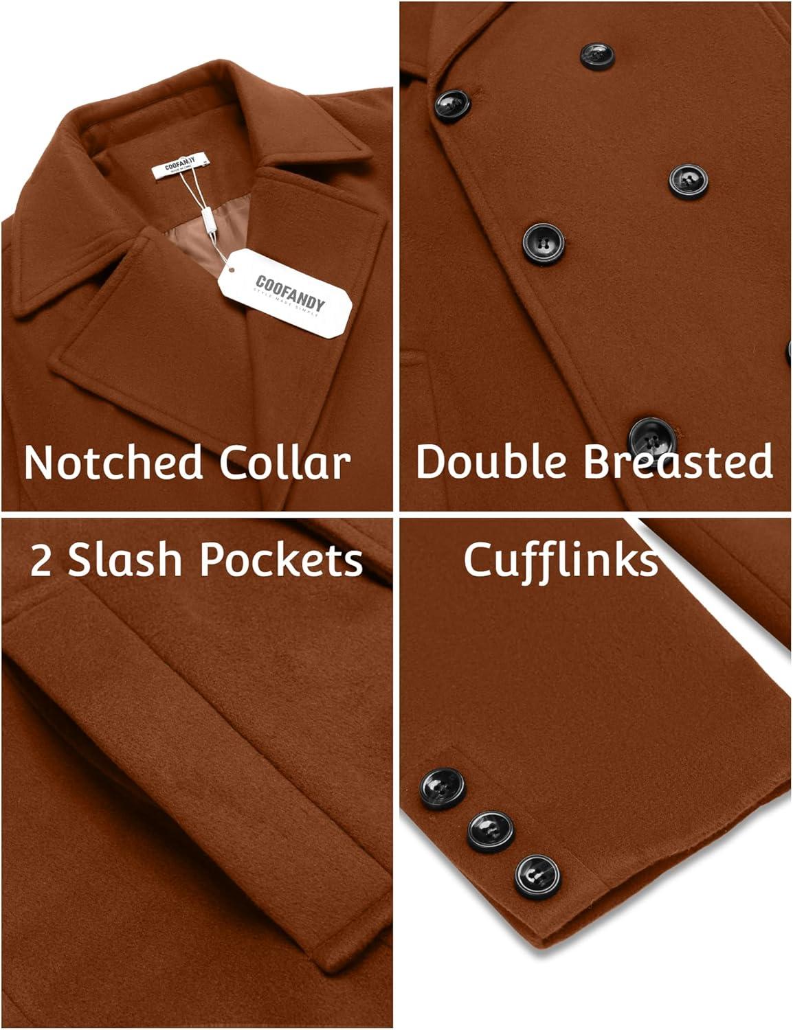 imageCOOFANDY Mens Double Breasted Pea Coat Winter Overcoat Short Trench Coat Notched CollarBrown